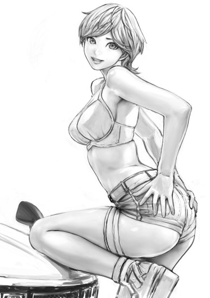 Anime picture 905x1280 with original carina (xiaowoo) single tall image looking at viewer fringe short hair light erotic smile bare shoulders lips grey hair armpit (armpits) grey eyes monochrome girl thighhighs shoes shorts lingerie