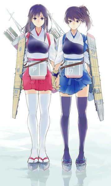 Anime picture 1000x1680 with kantai collection kaga aircraft carrier akagi aircraft carrier nakatani long hair tall image looking at viewer black hair simple background white background multiple girls ponytail grey eyes zettai ryouiki side ponytail holding hands reflection girl thighhighs skirt