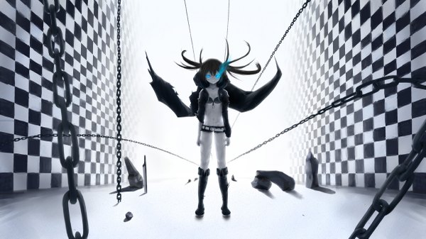 Anime-Bild 4800x2700 mit black rock shooter black rock shooter (character) nucomiso single long hair highres blue eyes black hair wide image twintails absurdres glowing glowing eye (eyes) checkered girl navel shorts boots chain cloak