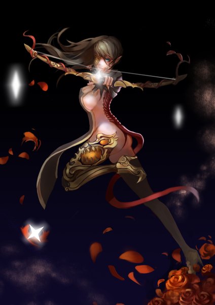 Anime picture 1897x2682 with blade & soul kevin-z single long hair tall image looking at viewer highres blue eyes light erotic brown hair ass tail high heels sideboob archery girl flower (flowers) weapon petals rose (roses)