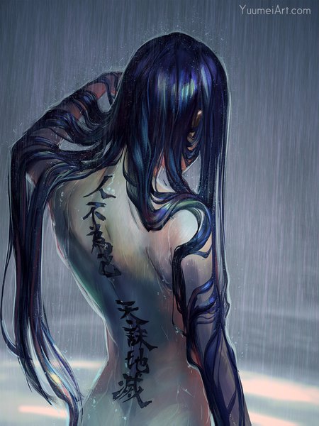 Anime picture 1080x1439 with original yuumei single long hair tall image fringe light erotic standing blue hair ass nude from behind wet watermark adjusting hair rain arched back body writing chinese girl
