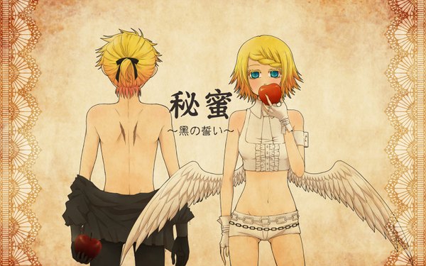 Anime picture 1600x1000 with vocaloid kagamine rin kagamine len nightcat short hair blonde hair simple background wide image standing bare shoulders ponytail braid (braids) aqua eyes from behind midriff couple sleeveless back scar undressing