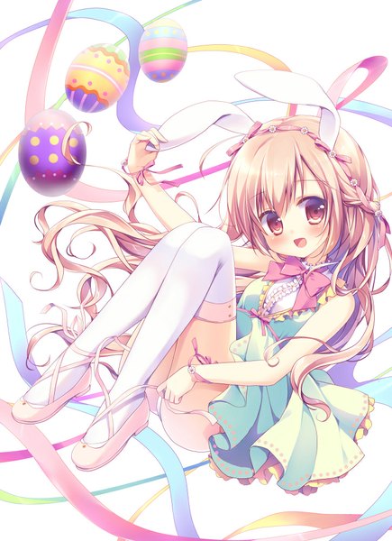 Anime picture 725x1000 with original miyasaka naka single long hair tall image looking at viewer blush open mouth light erotic blonde hair brown eyes animal ears bunny ears girl thighhighs dress bow ribbon (ribbons) white thighhighs