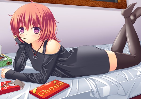 Anime picture 1500x1061 with original komori413 single blush short hair purple eyes bare shoulders red hair lying girl thighhighs black thighhighs sweets necklace pocky