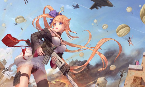 Anime picture 1625x977 with girls frontline five-seven (girls frontline) ntw-20 (girls frontline) fal (girls frontline) jay xu long hair looking at viewer blush fringe breasts blue eyes light erotic blonde hair wide image standing multiple girls holding looking away pink hair sky