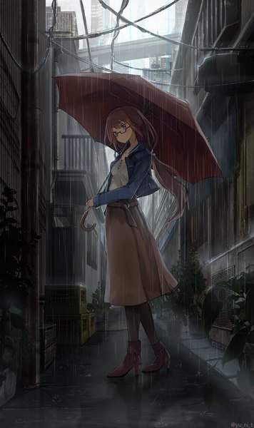 Anime picture 1378x2319 with original yu ni t single long hair tall image looking at viewer blush fringe hair between eyes brown hair standing holding signed full body outdoors pink eyes high heels twitter username city reflection