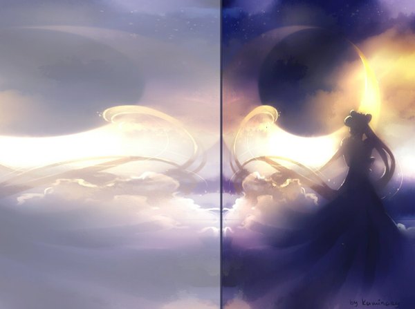 Anime picture 1340x1000 with bishoujo senshi sailor moon toei animation tsukino usagi princess serenity kaminary single long hair standing twintails signed sky cloud (clouds) very long hair night night sky reflection crescent silhouette girl dress