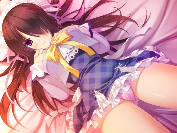 Anime picture 1680x1260 with sakura no reply hazuki mikuri long hair blush fringe light erotic black hair purple eyes game cg hair over one eye girl uniform underwear panties ribbon (ribbons) hair ribbon school uniform