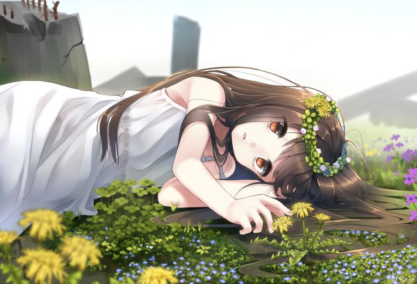 Anime picture 1560x1062 with original makadamia single long hair looking at viewer fringe brown hair bare shoulders outdoors lying orange eyes on side girl dress flower (flowers) white dress wreath clover (plant) dandelion