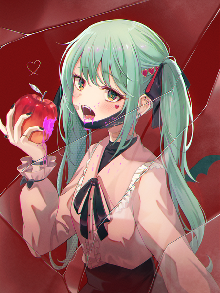 Anime picture 1802x2400 with vocaloid vampire (vocaloid) hatsune miku sira (user dswn7488) single long hair tall image looking at viewer blush fringe highres open mouth twintails holding green eyes long sleeves nail polish green hair teeth fang (fangs)