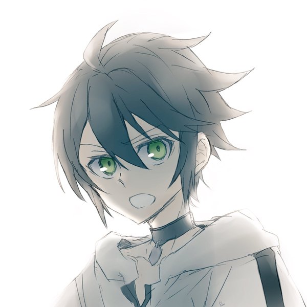 Anime picture 2048x2048 with owari no seraph wit studio hyakuya yuuichirou r1kuuw single looking at viewer fringe highres short hair open mouth black hair simple background hair between eyes white background green eyes ahoge portrait messy hair boy choker