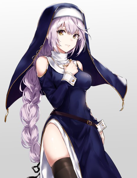Anime picture 929x1200 with original arisaka ako single long hair tall image looking at viewer fringe breasts light erotic simple background hair between eyes standing brown eyes payot purple hair braid (braids) gradient background single braid hand on chest side slit