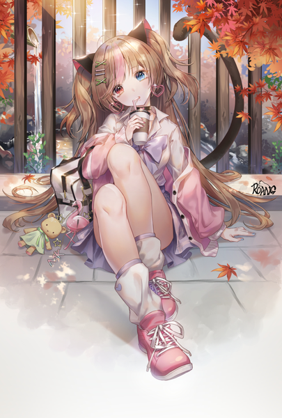 Anime picture 700x1037 with girls frontline mk23 (girls frontline) mk23 (new term begins with a meow) (girls frontline) roang single long hair tall image looking at viewer blush fringe blue eyes red eyes brown hair sitting holding signed animal ears payot full body ahoge