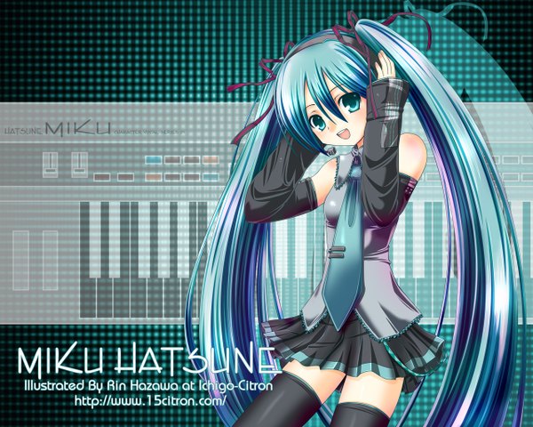 Anime picture 1280x1024 with vocaloid hatsune miku single long hair twintails bare shoulders pleated skirt aqua hair inscription zettai ryouiki girl thighhighs black thighhighs detached sleeves necktie