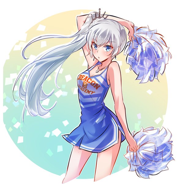 イラスト 2000x2052 と rwby rooster teeth weiss schnee いえすぱ ソロ 長髪 長身像 カメラ目線 前髪 highres おっぱい 青い目 simple background 立つ 肩出し holding cleavage 銀髪 parted lips arm up