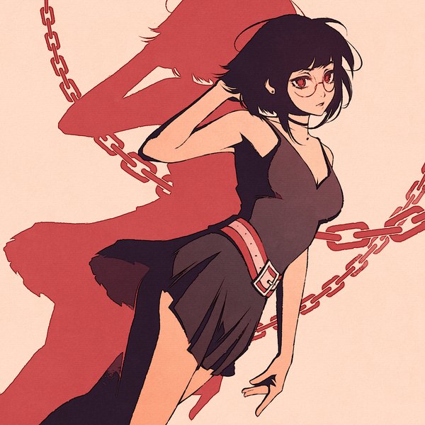 Anime-Bild 1080x1080 mit original moshimoshibe single looking at viewer fringe short hair black hair simple background red eyes standing bare shoulders blunt bangs parted lips arm up shadow dutch angle sleeveless holding hair messy hair bob cut