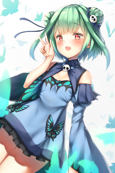 Anime picture 4000x6000 with virtual youtuber hololive uruha rushia uruha rushia (1st costume) ijac ray single tall image blush highres short hair open mouth red eyes looking away absurdres :d green hair hair bun (hair buns) victory girl dress