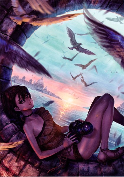 Anime picture 1916x2728 with original midori foo single tall image highres short hair brown hair brown eyes evening sunset flying girl animal water bird (birds) building (buildings) camera