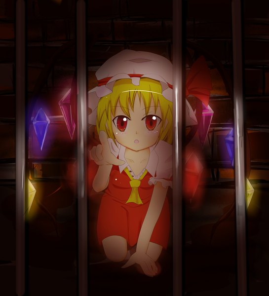 Anime picture 2000x2200 with touhou flandre scarlet tathiro (030618) single tall image looking at viewer highres short hair blonde hair red eyes on all fours pointing at viewer girl bow hat wings bonnet crystal bars