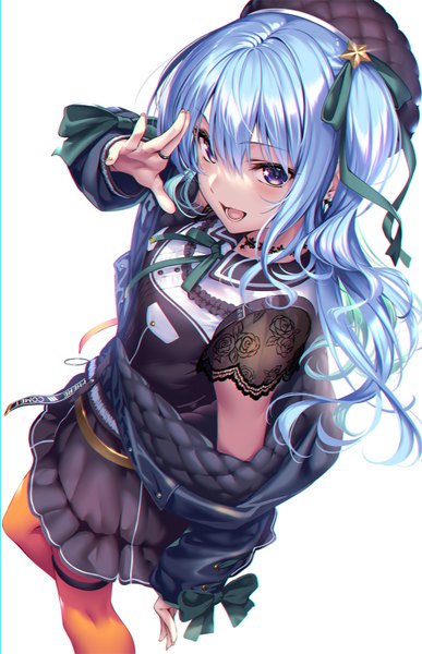 Anime picture 968x1500 with virtual youtuber hololive hoshimachi suisei hoshimachi suisei (3rd costume) piromizu single long hair tall image looking at viewer fringe open mouth simple background smile hair between eyes standing white background purple eyes blue hair :d from above