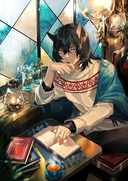 Anime picture 1157x1637 with original kyouichi single tall image looking at viewer fringe short hair open mouth blue eyes black hair hair between eyes sitting animal ears indoors tail animal tail from above cat ears mole cat tail