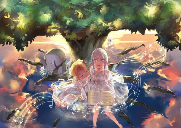 Anime picture 1000x710 with original rifsom long hair looking at viewer blonde hair multiple girls green eyes white hair braid (braids) very long hair barefoot pointy ears twin braids reflection girl dress flower (flowers) plant (plants) tree (trees) water