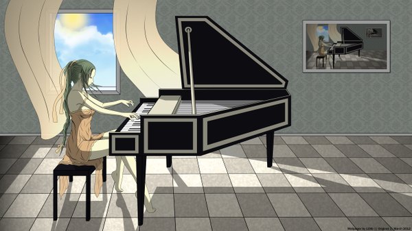 Anime picture 2560x1440 with original lenb (artist) long hair highres wide image sky cleavage cloud (clouds) ponytail eyes closed barefoot green hair checkered floor recursion girl dress window curtains sun picture
