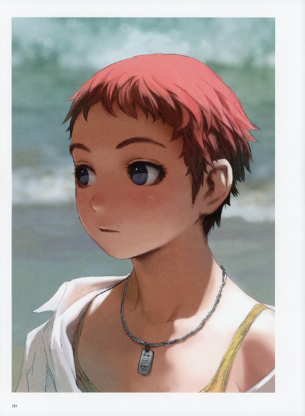 Anime picture 5092x6966 with futurelog (artbook) range murata single tall image highres short hair blue eyes looking away absurdres red hair blurry scan off shoulder border portrait girl necklace dog tags
