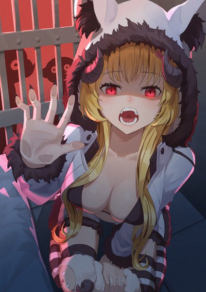 Anime picture 1060x1500 with virtual youtuber hololive tsunomaki watame icewind0223 single long hair tall image looking at viewer breasts open mouth light erotic blonde hair red eyes large breasts sitting arm up horn (horns) fingernails from above teeth