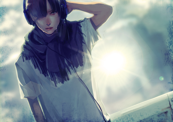 Anime picture 1000x708 with original metalika single looking at viewer short hair open mouth brown hair standing brown eyes light crying casual boy headphones scarf t-shirt sun