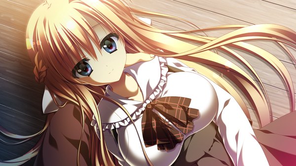 Anime picture 1280x720 with 12 no tsuki no eve unahara yuki long hair looking at viewer blue eyes blonde hair wide image game cg light smile girl uniform school uniform