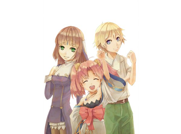 Anime picture 1181x876 with fractale nessa clain phryne hiiragi sei (artist) long hair short hair open mouth simple background blonde hair smile brown hair white background twintails multiple girls green eyes pink hair eyes closed short twintails group