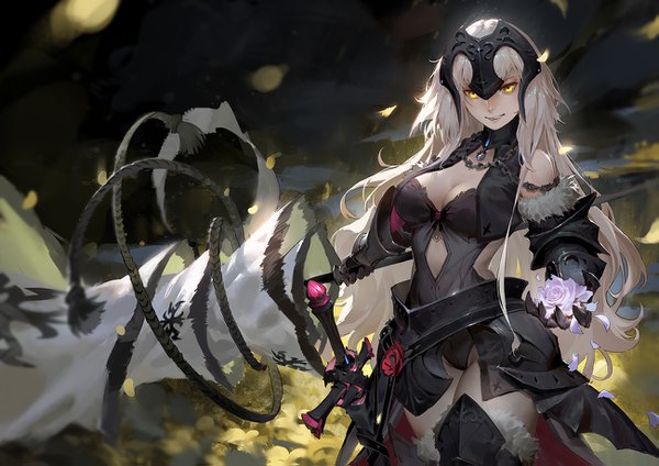 Anime picture 1299x919 with fate (series) fate/grand order jeanne d'arc (fate) (all) jeanne d'arc alter (fate) jeanne d'arc alter (avenger) (third ascension) (fate) qmo (chalsoma) single long hair looking at viewer fringe breasts light erotic smile standing holding yellow eyes cleavage silver hair parted lips fur trim