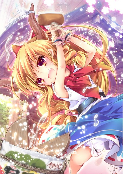Anime picture 707x1000 with touhou ibuki suika enjoy mix single long hair tall image looking at viewer open mouth blonde hair standing twintails holding yellow eyes horn (horns) girl skirt bow weapon hair bow water