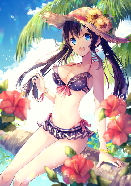 Anime picture 781x1105 with original goma (11zihisin) single long hair tall image looking at viewer blush fringe breasts open mouth blue eyes light erotic black hair smile hair between eyes twintails payot sky cloud (clouds) outdoors