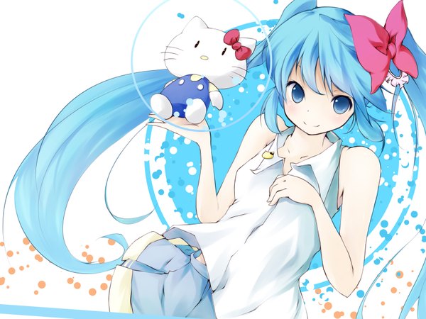 Anime picture 1600x1200 with hello kitty vocaloid sanrio hatsune miku seseragi single long hair looking at viewer blush blue eyes smile twintails bare shoulders blue hair wallpaper sleeveless girl skirt bow hair bow