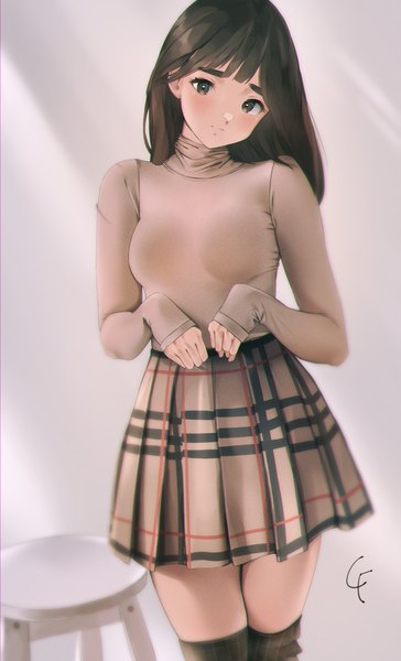 Anime picture 1213x2000 with original grayfox single long hair tall image looking at viewer blush fringe breasts brown hair standing brown eyes signed long sleeves head tilt pleated skirt zettai ryouiki sleeves past wrists plaid skirt girl
