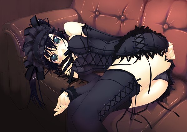Anime picture 2339x1654 with murakami suigun single highres breasts light erotic black hair bare shoulders green eyes lying goth-loli girl underwear panties detached sleeves headdress maid headdress couch corset