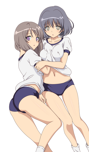 Anime picture 1200x2040 with mayoi neko overrun! satou (mayoi neko overrun!) suzuki (mayoi neko overrun!) long hair looking at viewer blush short hair open mouth light erotic purple eyes multiple girls grey hair grey eyes hug holding hands hand on chest shoujo ai transparent background girl navel