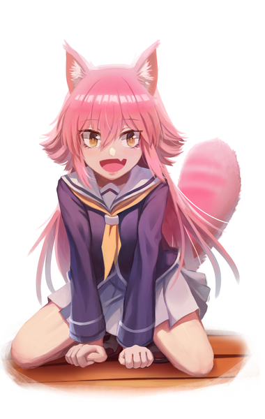 Anime picture 1219x1920 with murenase! shiiton gakuen okami ranka qoo8736 single long hair tall image looking at viewer fringe open mouth simple background smile hair between eyes white background brown eyes animal ears pink hair full body tail long sleeves :d