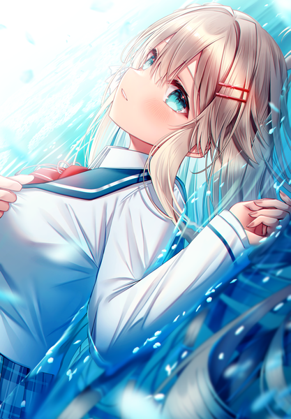 Anime picture 3086x4437 with original kuro namako single long hair tall image looking at viewer blush fringe highres blonde hair hair between eyes absurdres upper body lying long sleeves parted lips aqua eyes on back dutch angle partially submerged