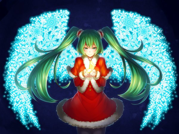 イラスト 1500x1125 と ボーカロイド 初音ミク 白兎うゆ ソロ 長髪 笑顔 ツインテール 緑の目 green hair dark background blue background snowflake print 女の子 ドレス 翼 六花