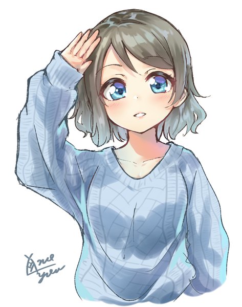 Anime picture 1500x1900 with love live! sunshine!! sunrise (studio) love live! watanabe you takenoko no you single tall image looking at viewer blush short hair blue eyes simple background white background signed upper body parted lips grey hair salute girl sweater