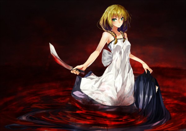 Anime picture 1200x848 with the witch's house viola (the witch's house) ellen (the witch's house) blackegg (artist) long hair looking at viewer blonde hair holding green eyes braid (braids) twin braids partially submerged girl weapon blood sundress knife machete
