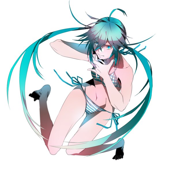 Anime picture 1774x1774 with vocaloid hatsune miku kyo 8sun single long hair looking at viewer blush highres light erotic simple background white background twintails bare shoulders barefoot aqua eyes aqua hair bare legs bare belly looking up girl