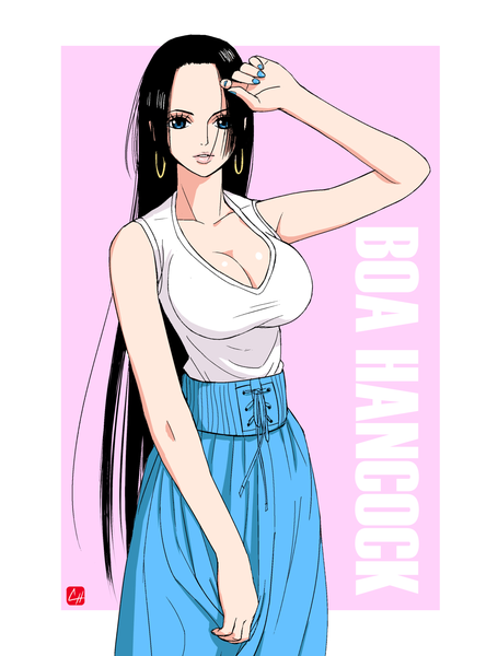 Anime picture 1280x1687 with one piece toei animation boa hancock chris re5 single long hair tall image looking at viewer breasts blue eyes black hair simple background standing signed cleavage nail polish parted lips fingernails lips sleeveless