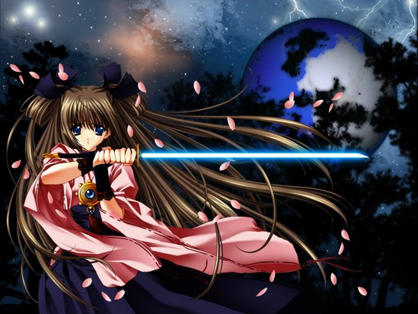 Anime picture 1024x768 with push!! carnelian single long hair looking at viewer blue eyes brown hair traditional clothes japanese clothes night wide sleeves floating hair miko third-party edit lightning girl ribbon (ribbons) weapon plant (plants) hair ribbon