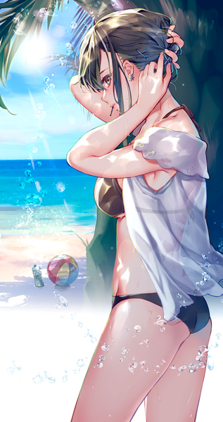 Anime picture 1409x2661 with original cocoa (cafe-hotcocoa) single tall image looking at viewer blush fringe short hair light erotic black hair standing holding yellow eyes outdoors profile wet beach mouth hold adjusting hair horizon