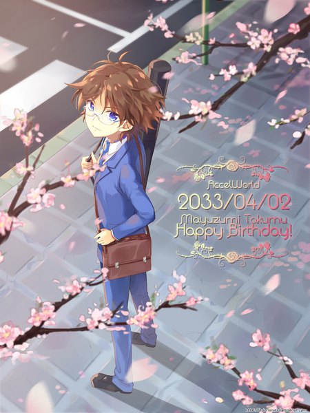 Anime picture 900x1201 with accel world sunrise (studio) mayuzumi takumu trianon single tall image looking at viewer short hair blue eyes brown hair standing full body outdoors from above shadow copyright name character names cherry blossoms dated happy birthday