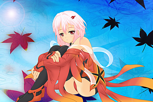 Anime picture 1500x1000 with guilty crown production i.g yuzuriha inori single long hair looking at viewer red eyes pink hair girl thighhighs gloves hair ornament black thighhighs detached sleeves hairclip leaf (leaves) bodysuit